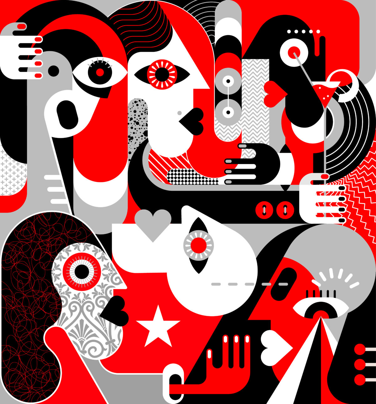 Large group of people in an illustration hung on a white brick wall. Modern abstract fine art painting. Red, black, grey and white.