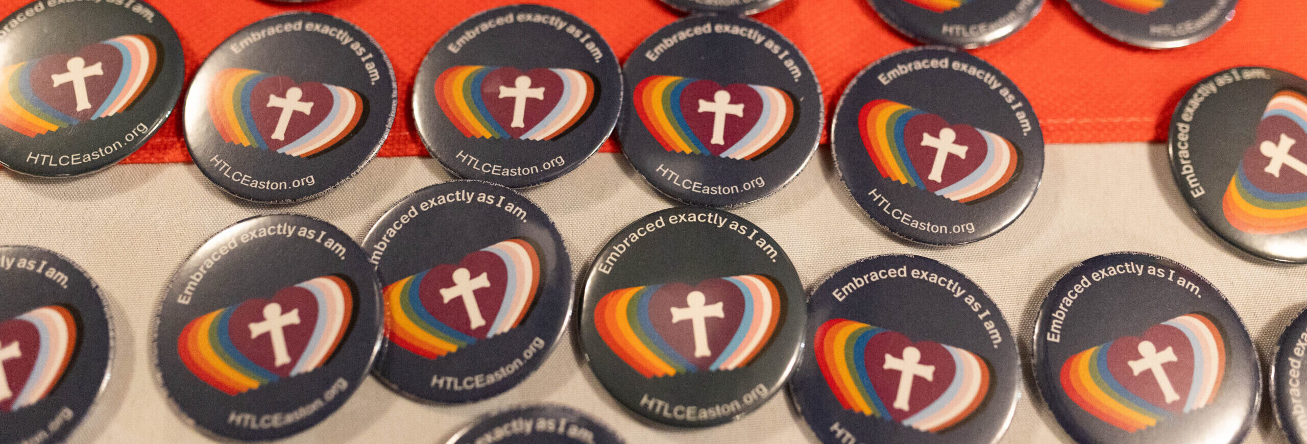 Buttons with rainbow logo reading "Embraced Exactly As I Am"